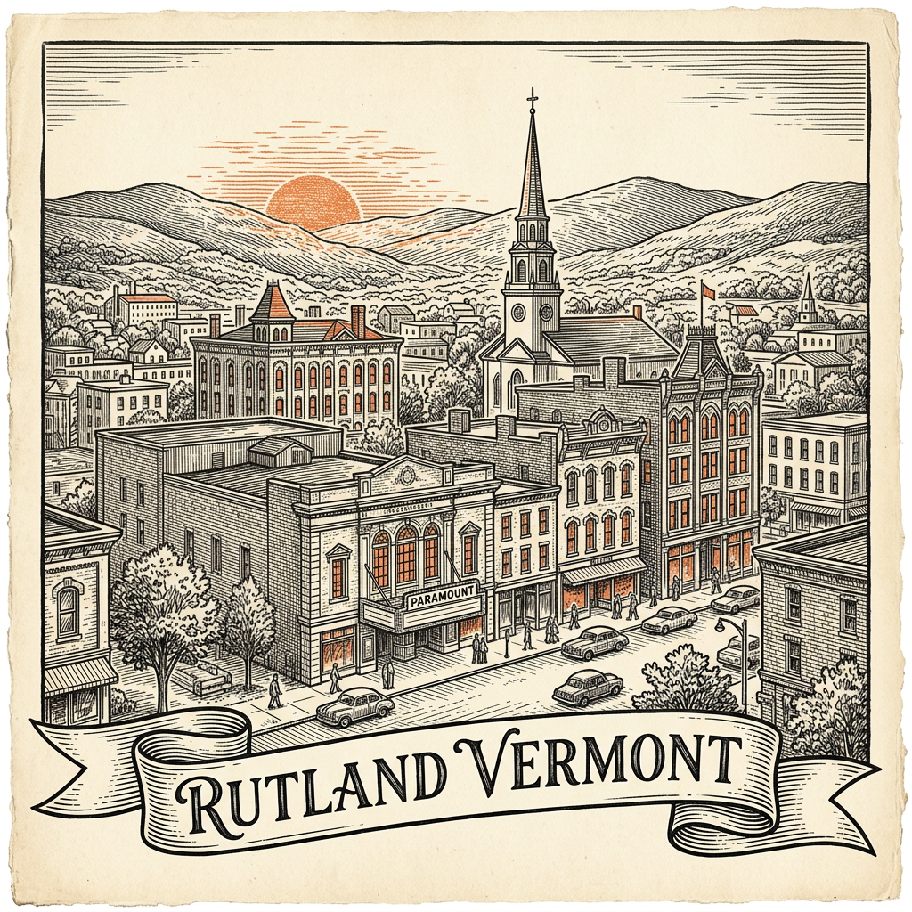 Engraved Rutland VT city illustration – Official Translations certified translation services from $29.95 per page