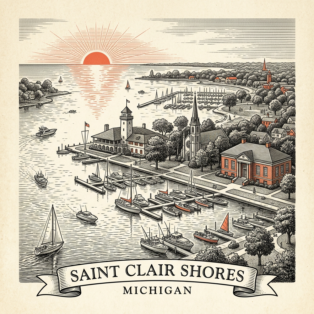 Engraved Saint Clair Shores MI city illustration – Official Translations certified translation services from $29.95 per page