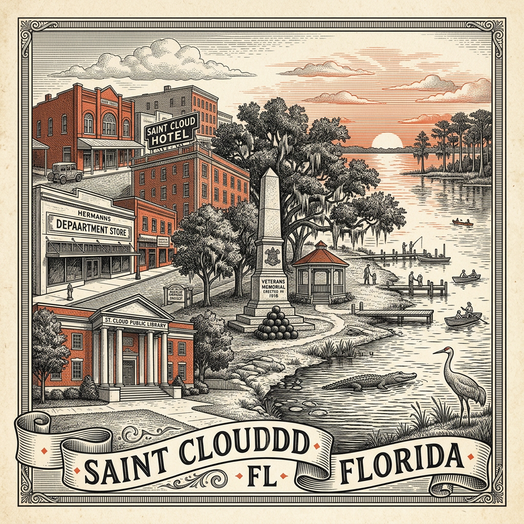 Engraved Saint Cloud FL city illustration – Official Translations certified translation services from $29.95 per page