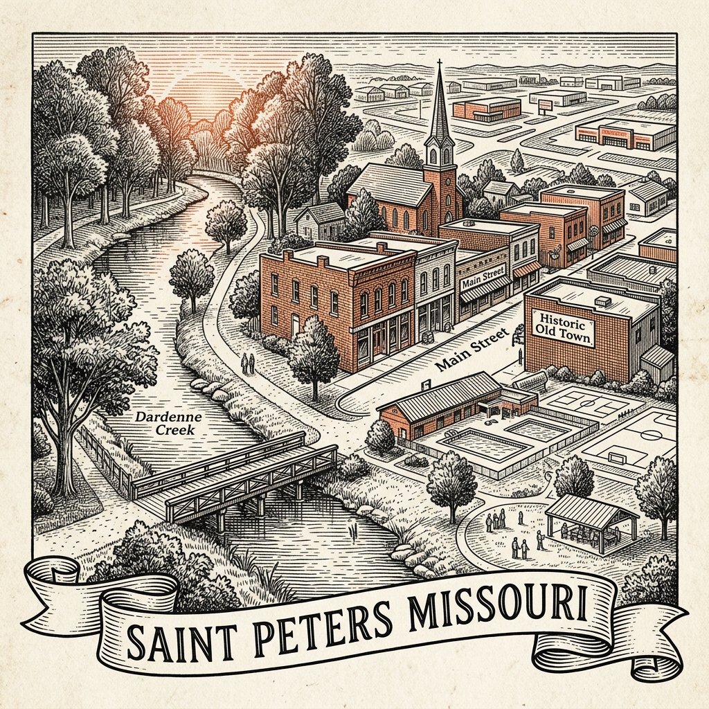 Engraved Saint Peters MO city illustration – Official Translations certified translation services from $29.95 per page