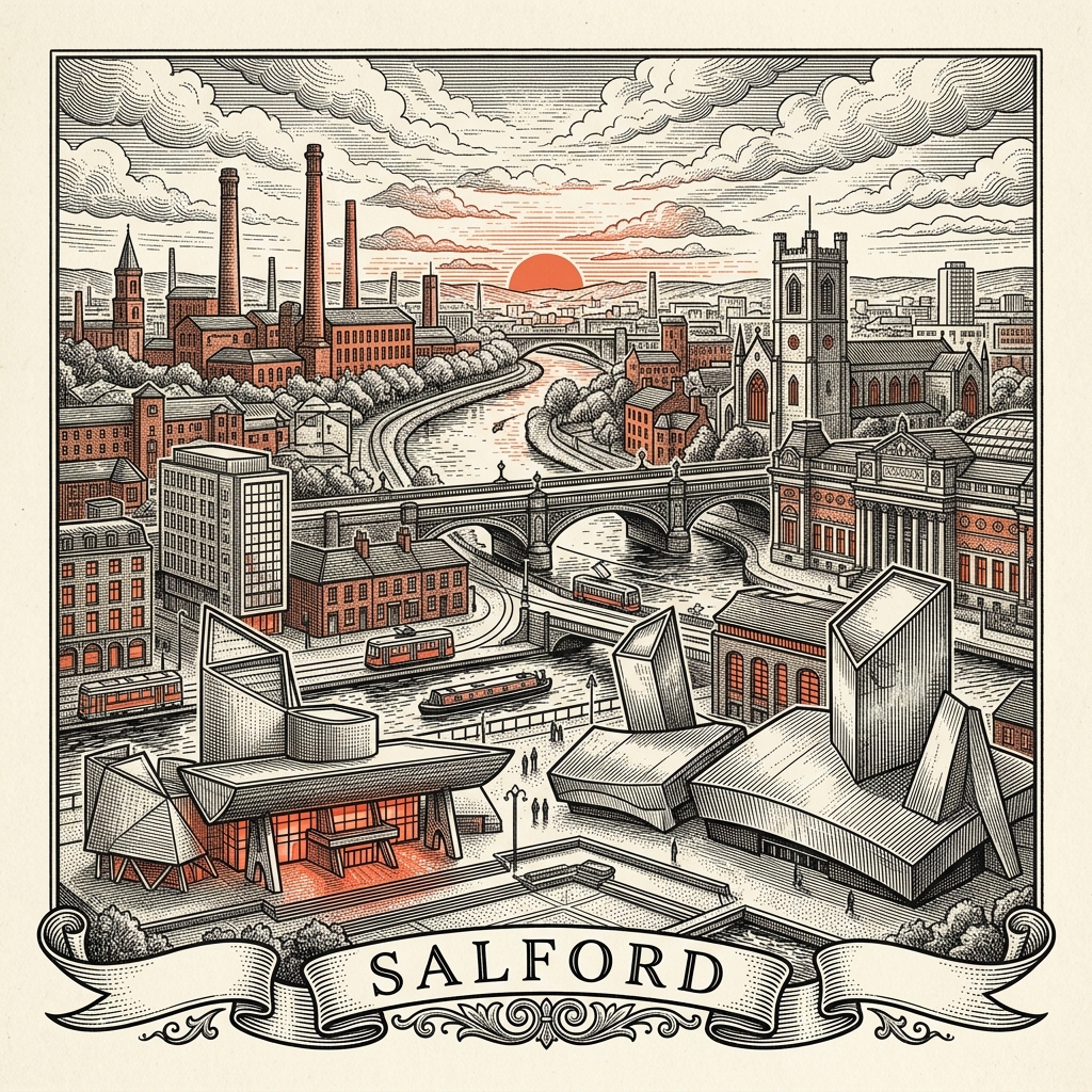Engraved Salford England city illustration – MediaCityUK and Lowry Theatre, Salford Quays, Imperial War Museum North, Salford Ship Canal, Salford Cathedral – Official Translations certified translation services from £29.95 per page