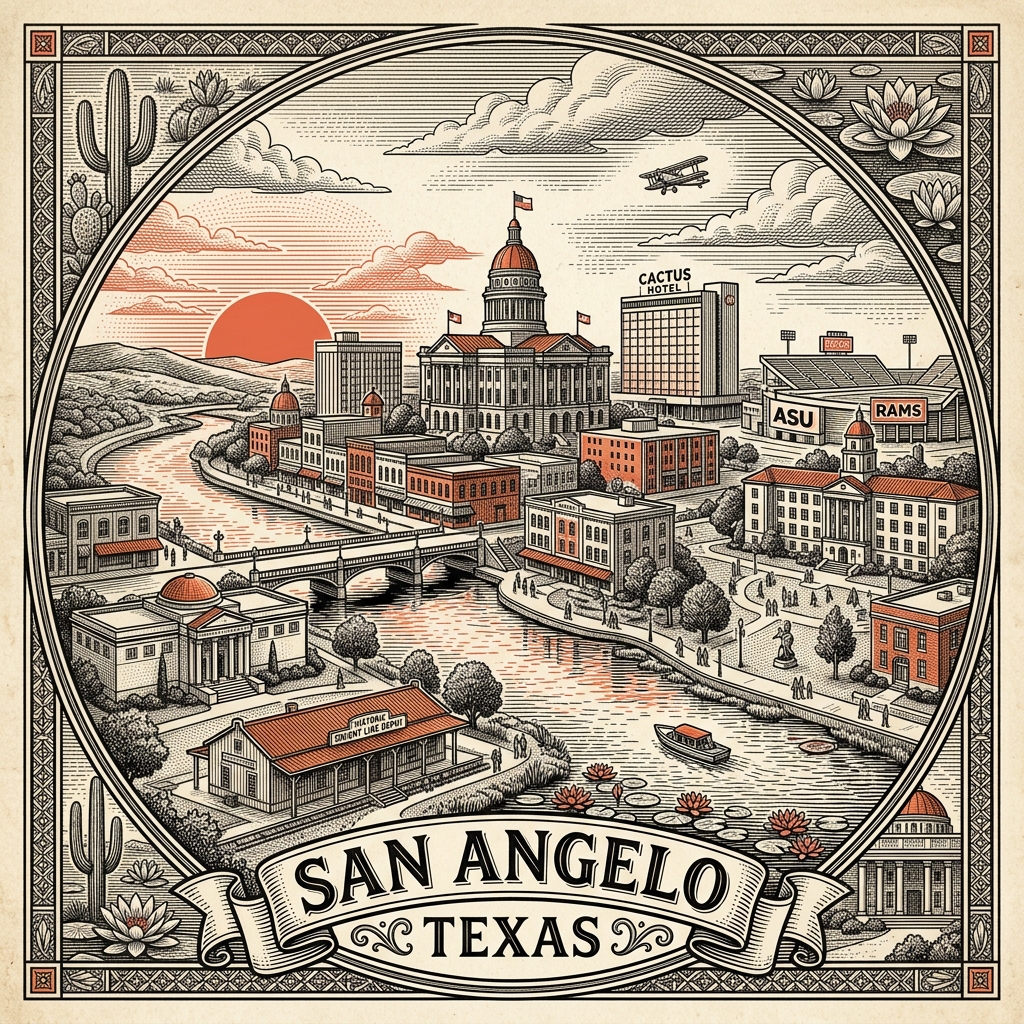 Engraved San Angelo TX city illustration – Official Translations certified translation services from $29.95 per page