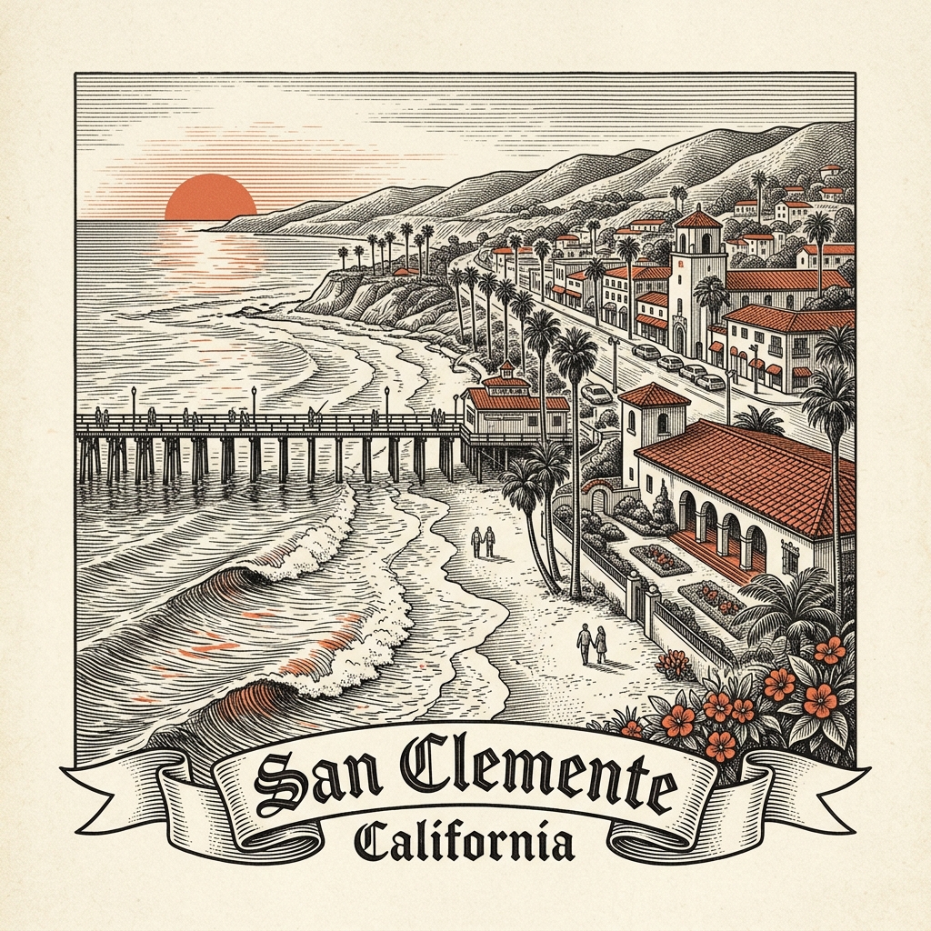 Engraved San Clemente CA city illustration – Official Translations certified translation services from $29.95 per page