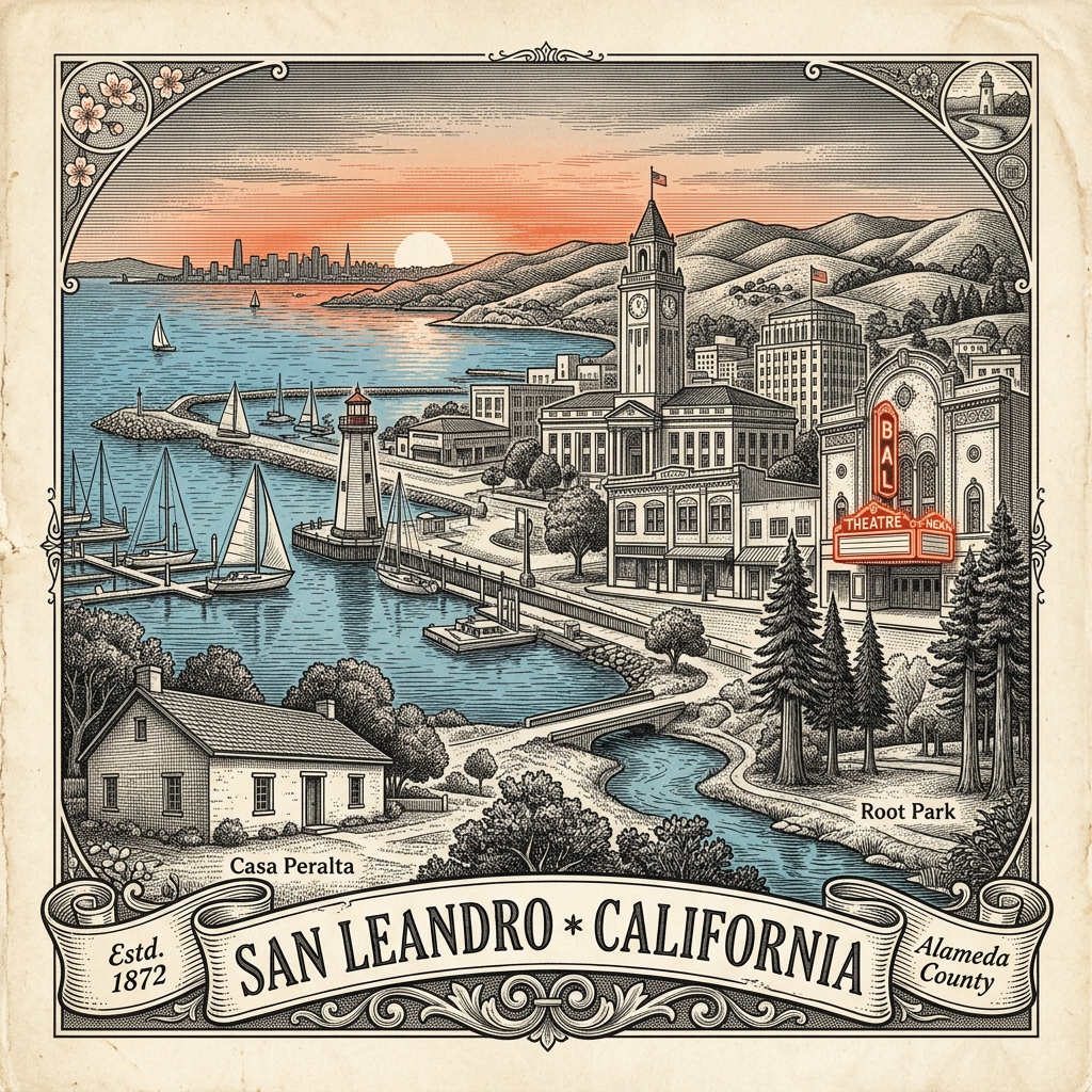 Engraved San Leandro CA city illustration – Official Translations certified translation services from $29.95 per page