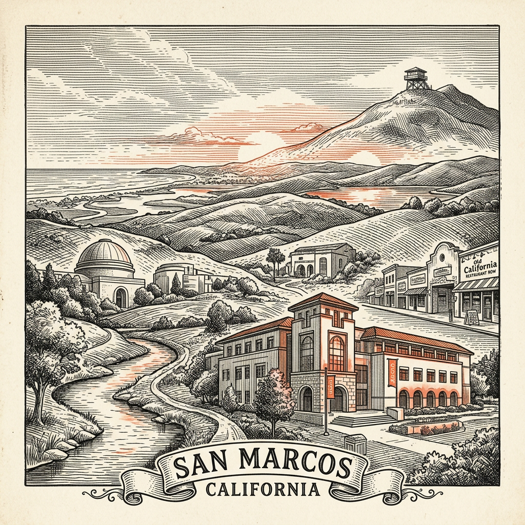 Engraved San Marcos CA city illustration – Official Translations certified translation services from $29.95 per page