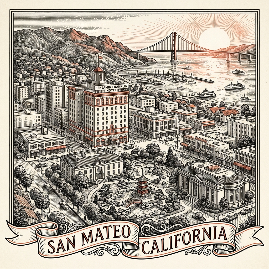 Engraved San Mateo CA city illustration – Official Translations certified translation services from $29.95 per page