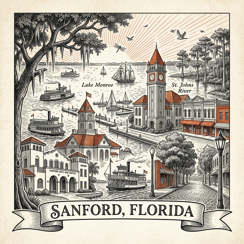 Engraved Sanford FL city illustration – Official Translations certified translation services from $29.95 per page
