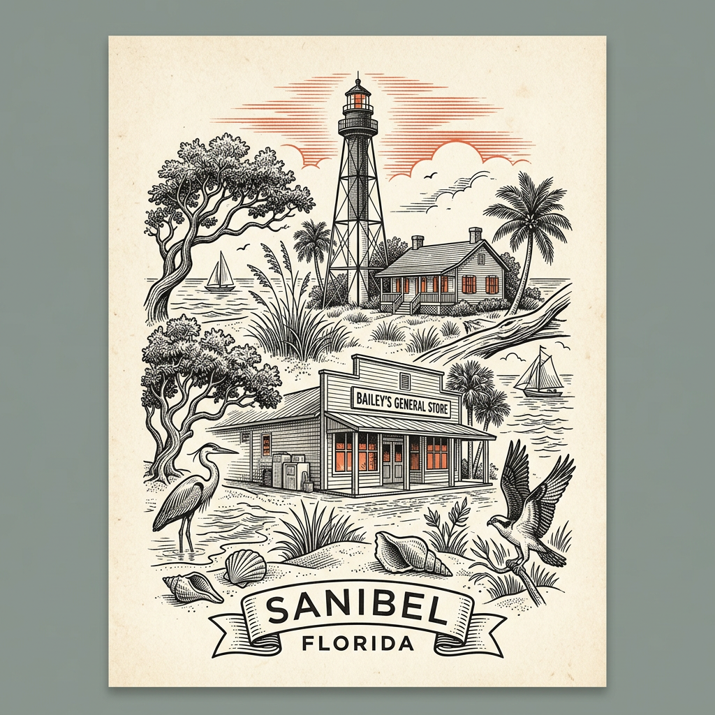 Engraved Sanibel FL city illustration – Official Translations certified translation services from $29.95 per page