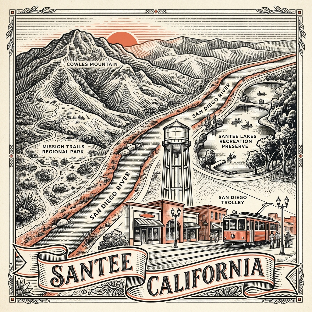 Engraved Santee CA city illustration – Official Translations certified translation services from $29.95 per page