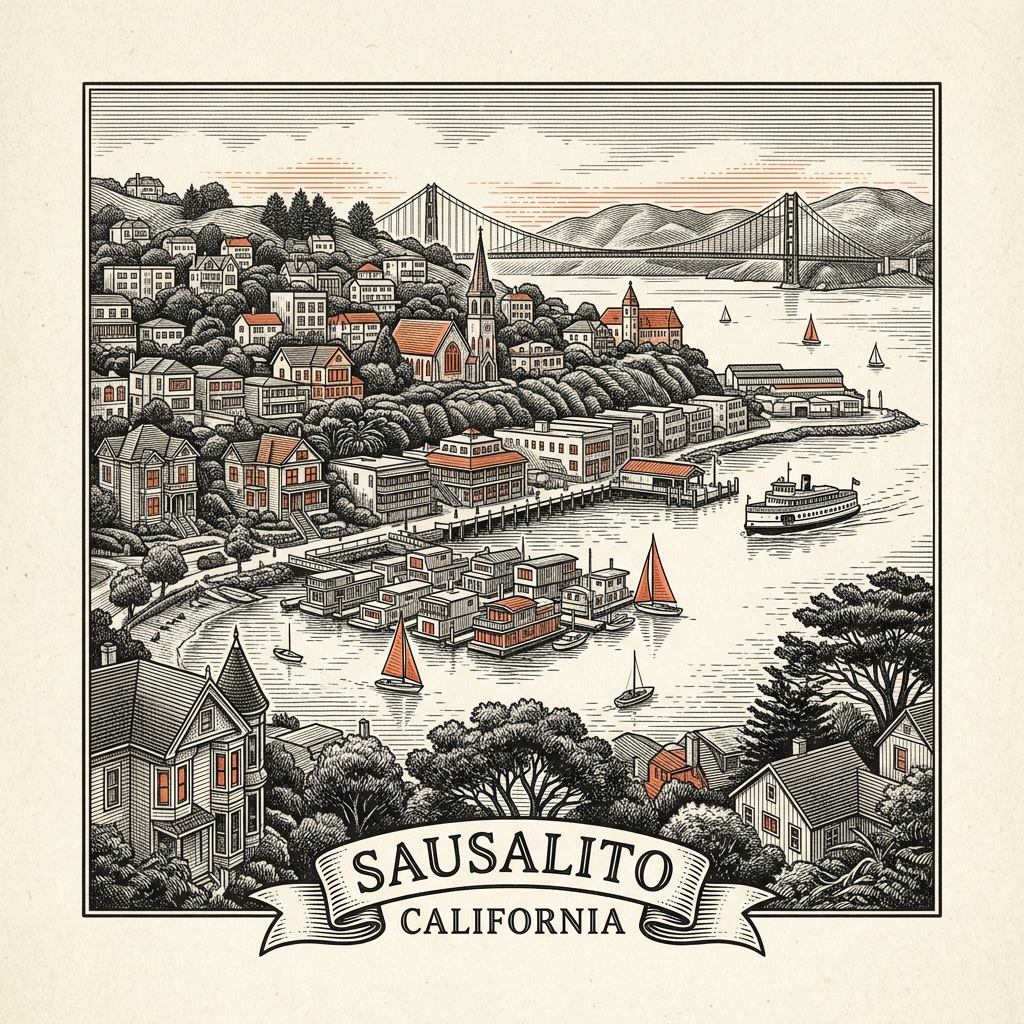 Engraved Sausalito CA city illustration – Official Translations certified translation services from $29.95 per page