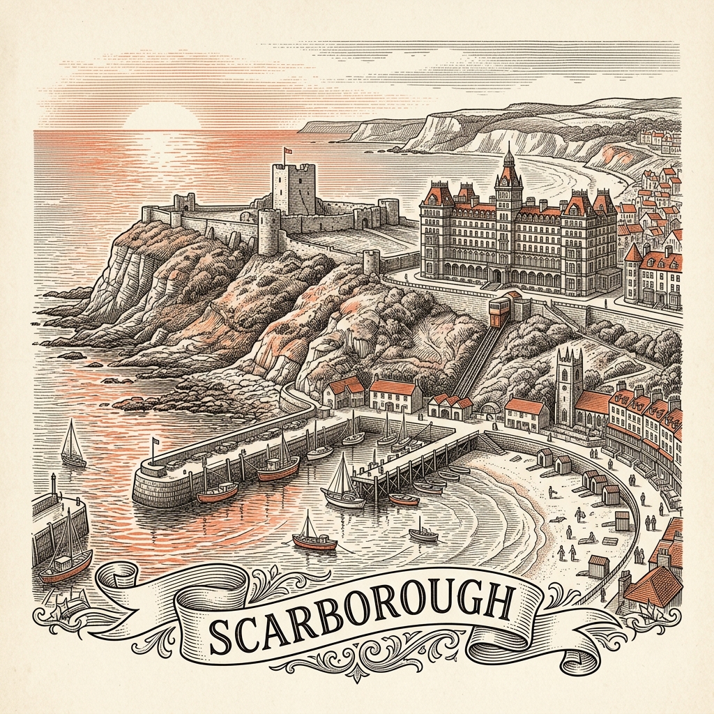 Engraved Scarborough England city illustration – Scarborough Castle, South Bay seafront and Grand Hotel, Peasholm Park, Scarborough Spa, the harbour and lighthouse – Official Translations certified translation services from £29.95 per page