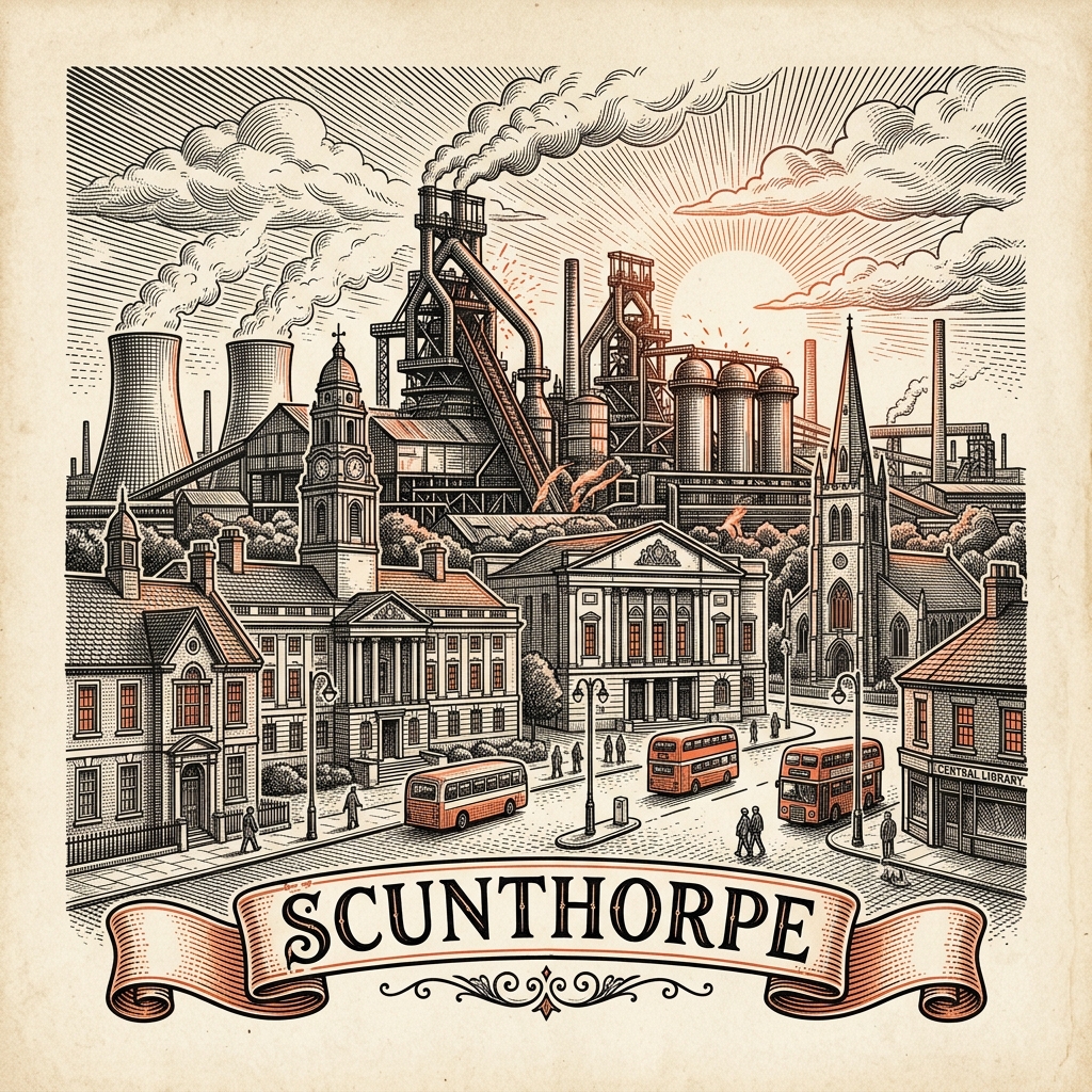 Engraved Scunthorpe England city illustration – British Steel Works, Normanby Hall, Scunthorpe United (Glanford Park), 20-21 Visual Arts Centre, North Lincolnshire Museum – Official Translations certified translation services from £29.95 per page