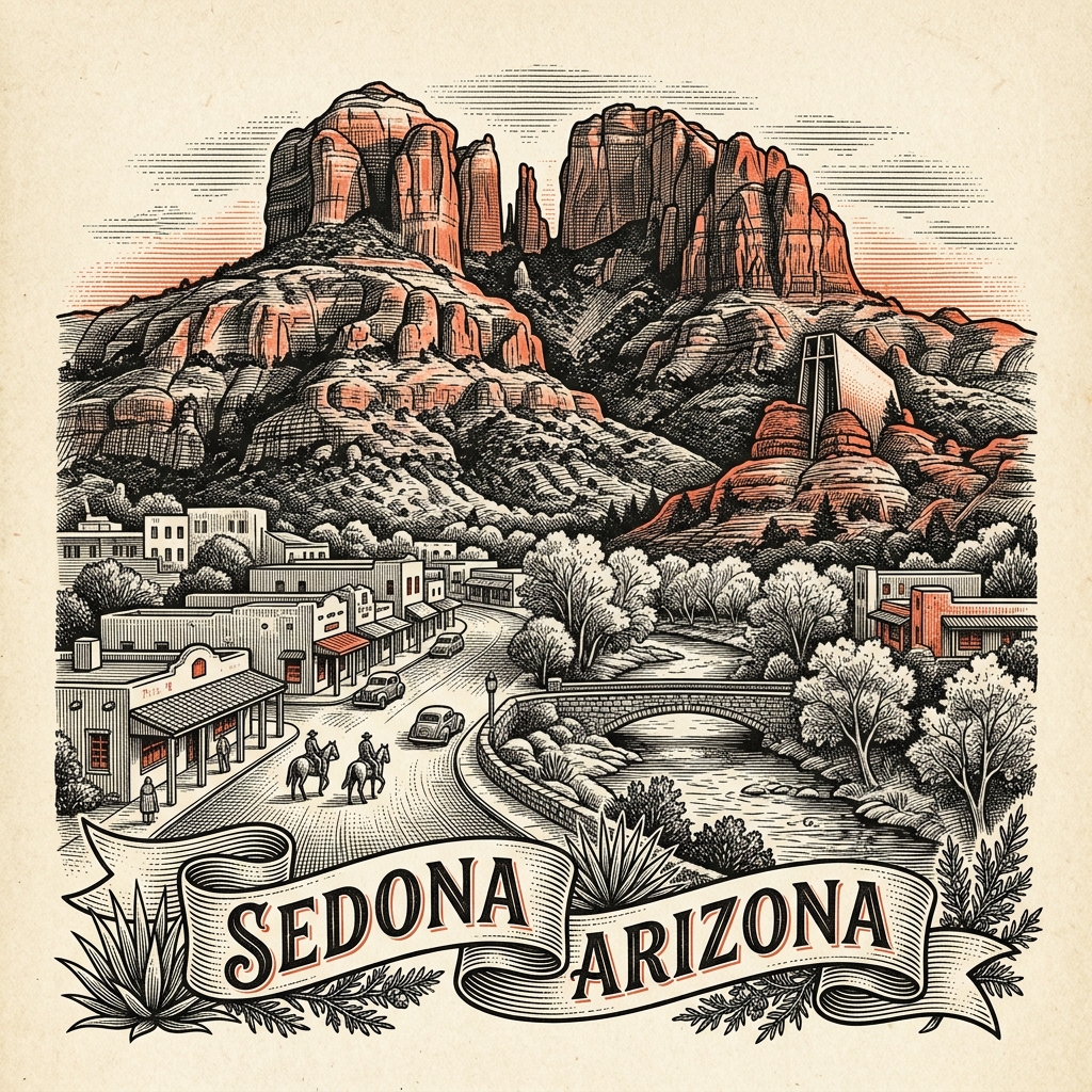 Engraved Sedona AZ city illustration – Official Translations certified translation services from $29.95 per page