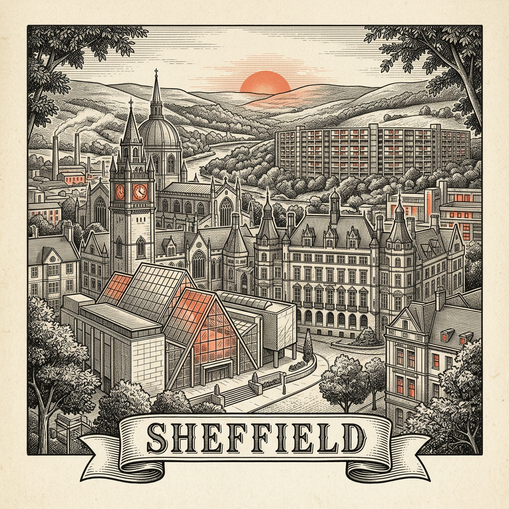 Engraved Sheffield England city illustration – Sheffield Town Hall, Park Hill flats, Sheffield Cathedral, Winter Garden, Crucible Theatre – Official Translations certified translation services from £29.95 per page