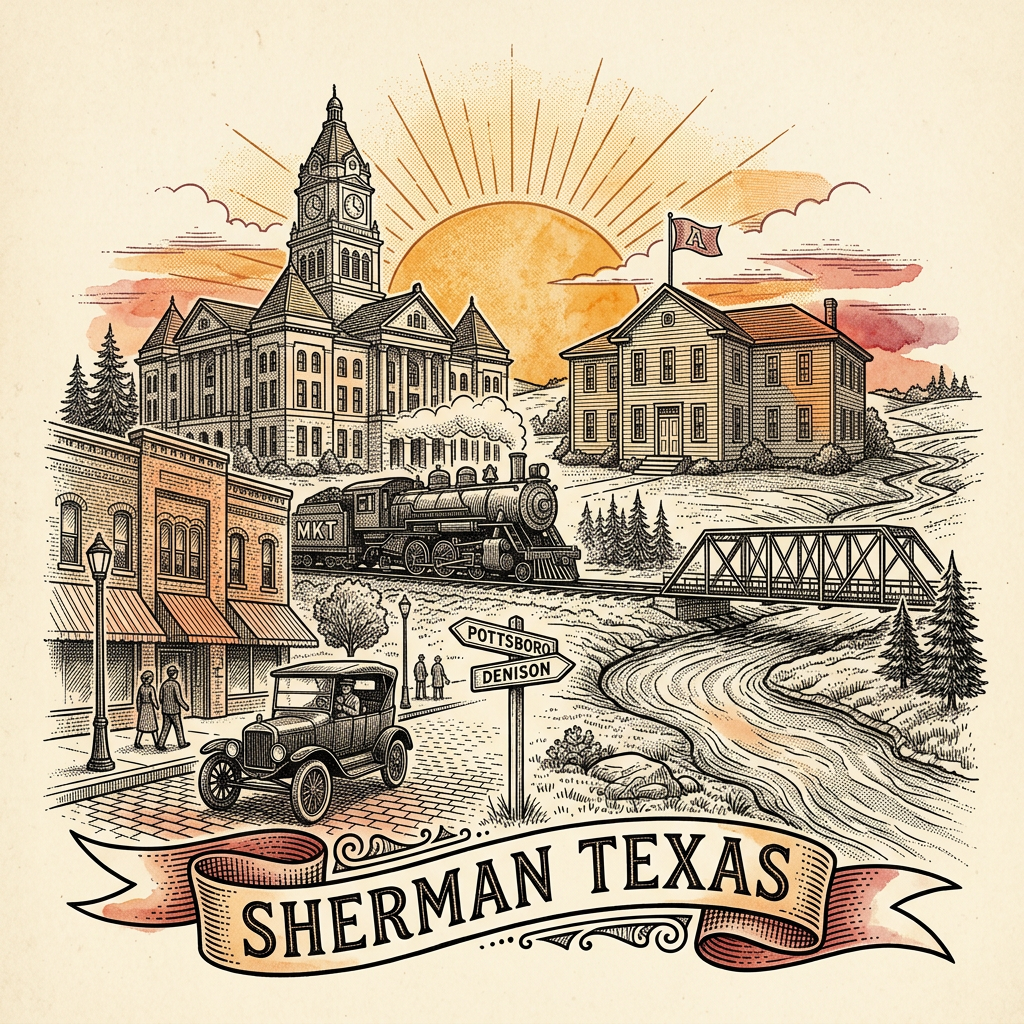 Engraved Sherman TX city illustration – Official Translations certified translation services from $29.95 per page