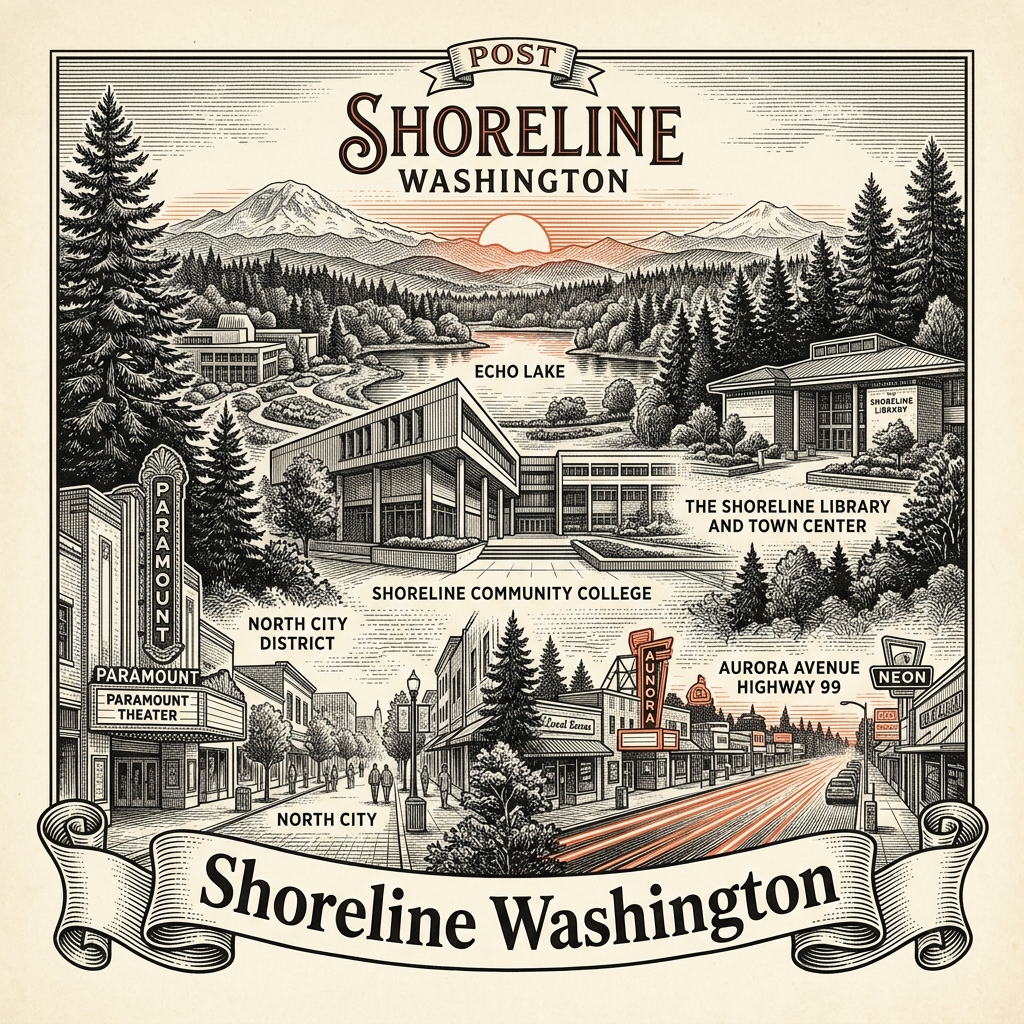 Engraved Shoreline WA city illustration – Official Translations certified translation services from $29.95 per page