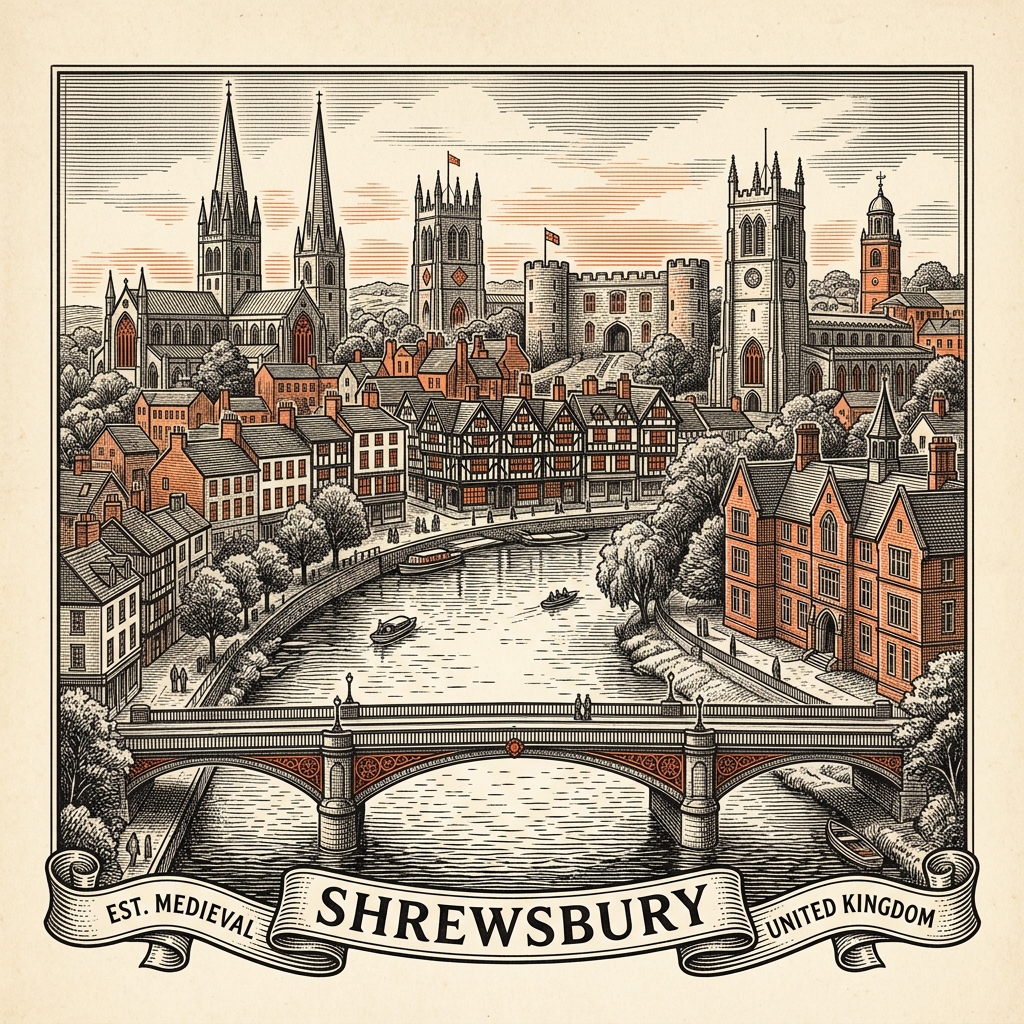 Engraved Shrewsbury England city illustration – Shrewsbury Castle, Shrewsbury Abbey, English Bridge, The Quarry park, St Mary's Church, Darwin Statue – Official Translations certified translation services from £29.95 per page