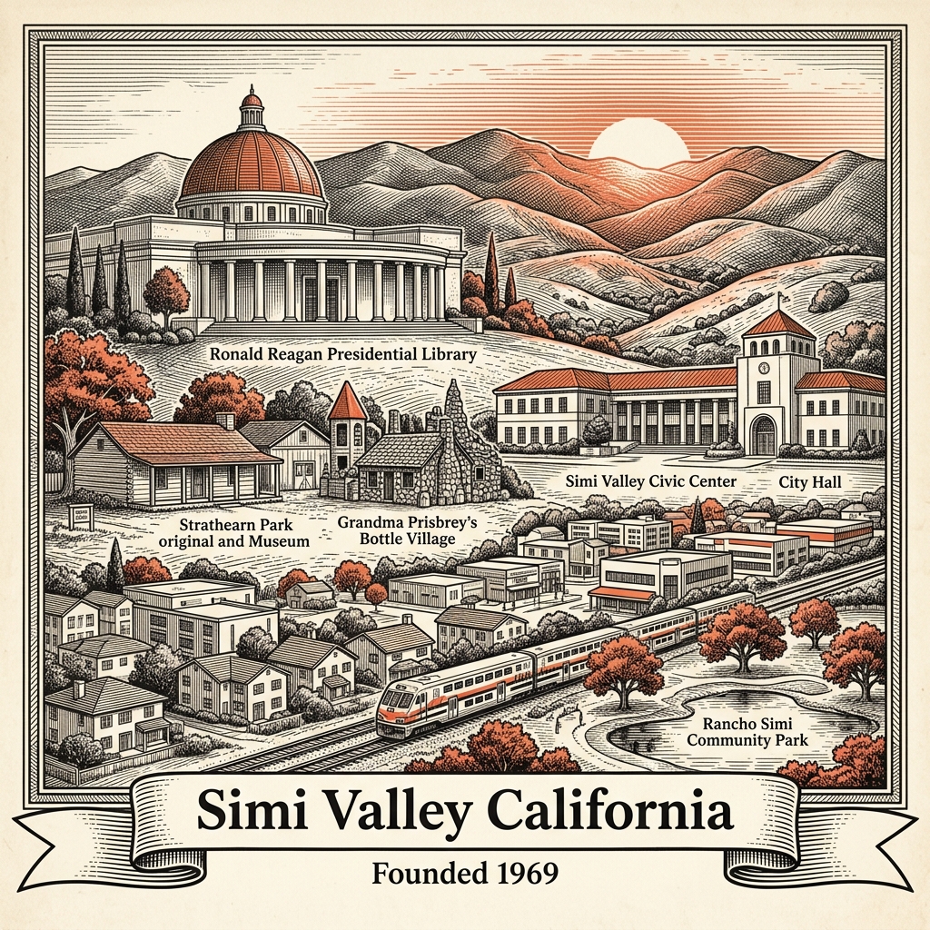 Engraved Simi Valley CA city illustration – Official Translations certified translation services from $29.95 per page