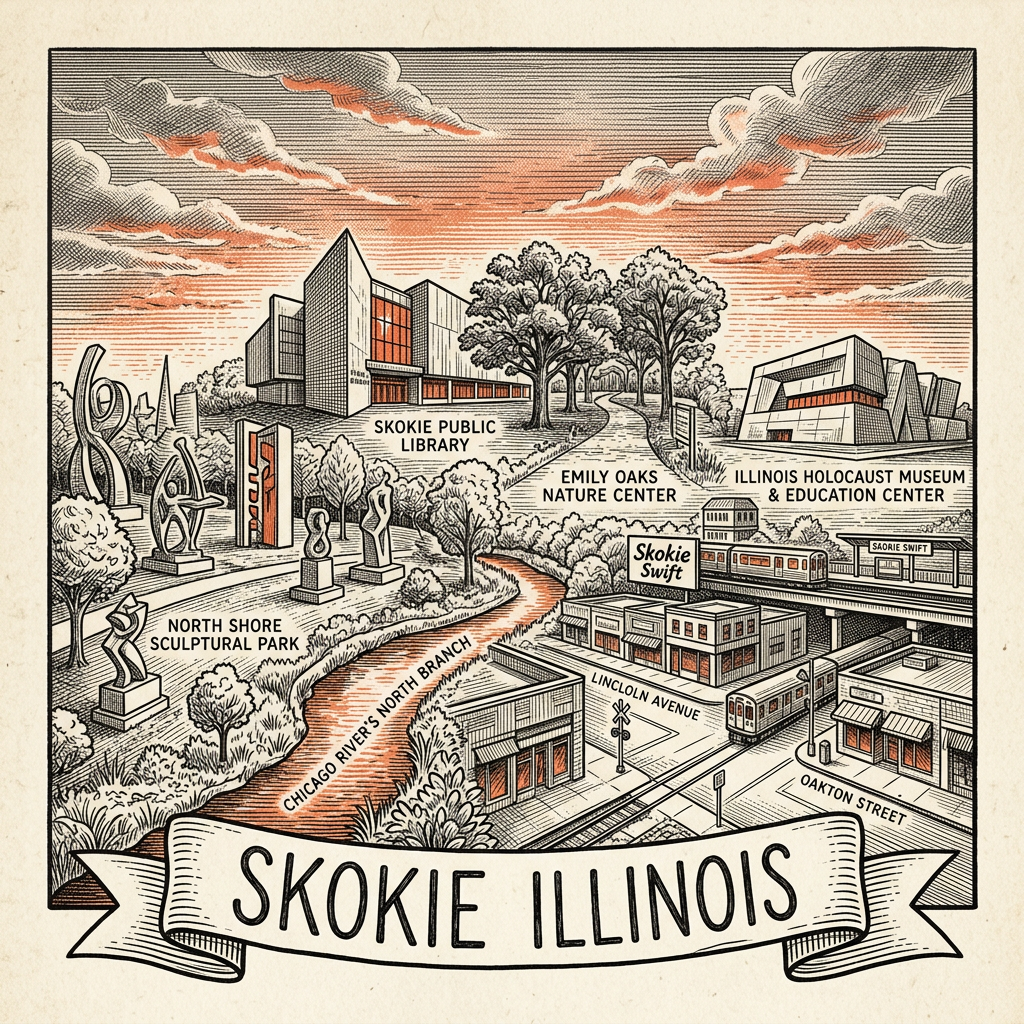 Engraved Skokie IL city illustration – Official Translations certified translation services from $29.95 per page