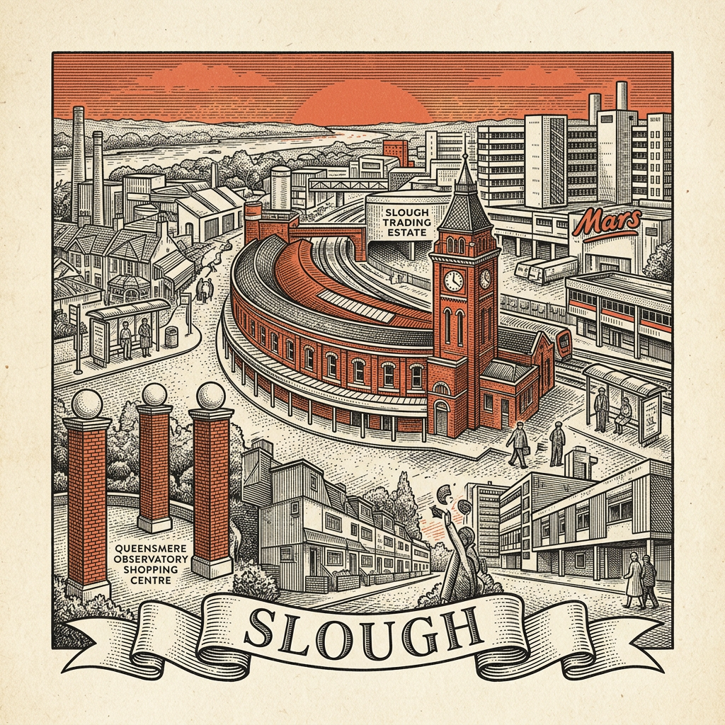 Engraved Slough England city illustration – Slough Trading Estate, Herschel Park, Queensmere Observatory Shopping Centre, The Curve cultural hub, Upton Court Park – Official Translations certified translation services from £29.95 per page