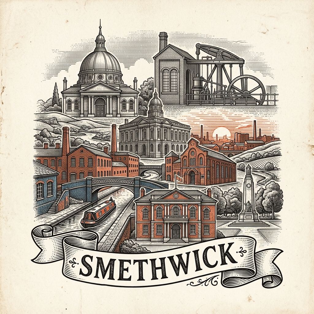 Engraved Smethwick England city illustration – Guru Nanak Gurdwara, Galton Bridge, Birmingham Canal Navigations, Smethwick Council House, Soho Foundry – Official Translations certified translation services from £29.95 per page