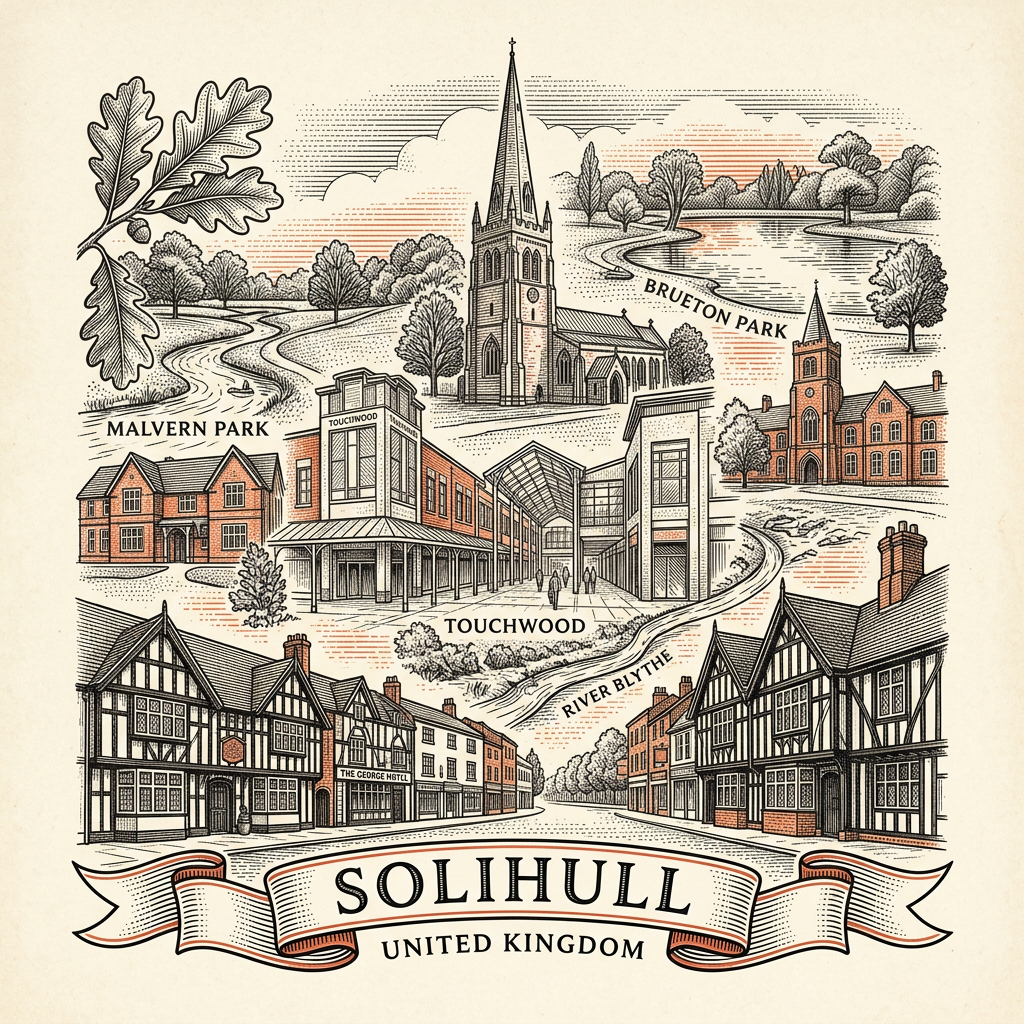 Engraved Solihull England city illustration – St Alphege Church spire, Touchwood shopping centre, Mell Square, Tudor Grange Park, NEC Birmingham nearby – Official Translations certified translation services from £29.95 per page