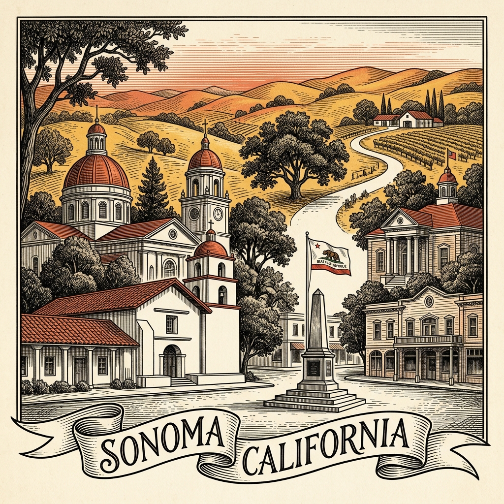 Engraved Sonoma CA city illustration – Official Translations certified translation services from $29.95 per page