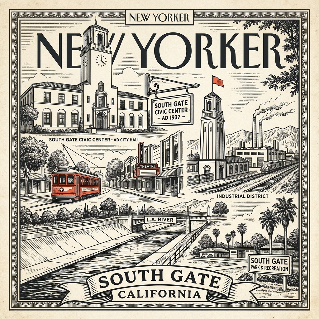 Engraved South Gate CA city illustration – Official Translations certified translation services from $29.95 per page