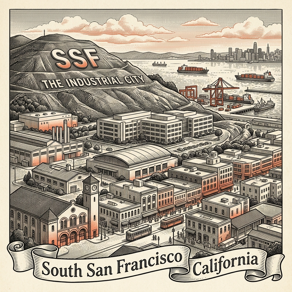 Engraved South San Francisco CA city illustration – Official Translations certified translation services from $29.95 per page