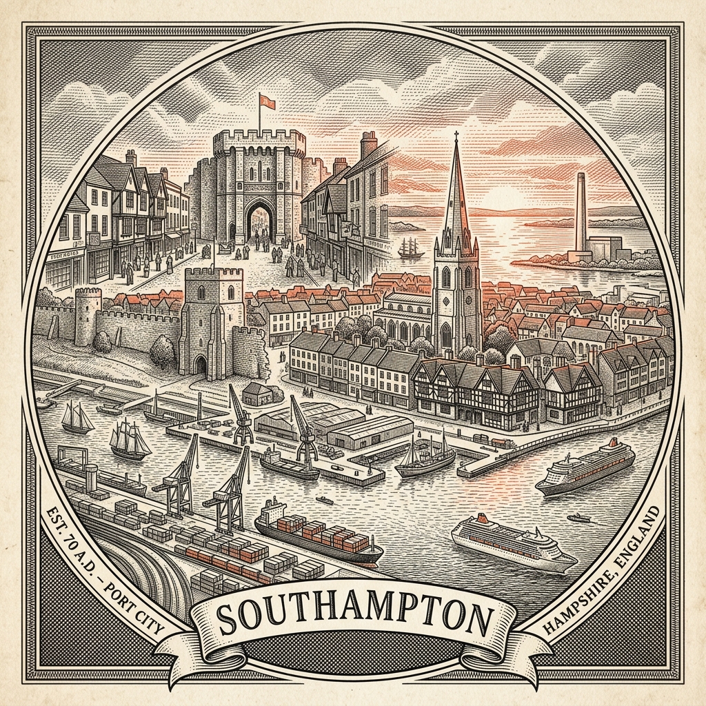Engraved Southampton England city illustration – Spinnaker-style waterfront cranes, Bargate medieval gateway, SeaCity Museum, Solent cruise terminals, St Mary's Stadium – Official Translations certified translation services from £29.95 per page