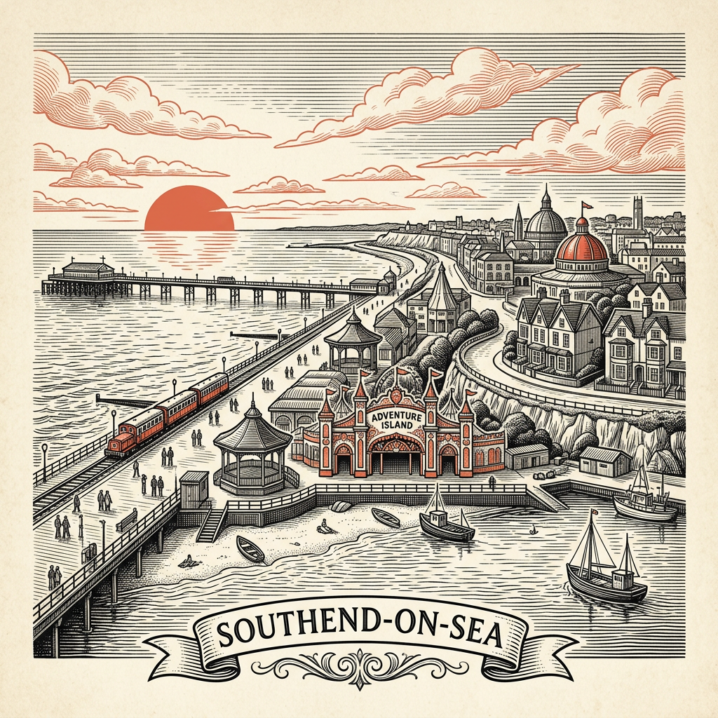 Engraved Southend-on-Sea England city illustration – Southend Pier (world's longest pleasure pier), Adventure Island, Cliffs Pavilion, Kursaal, Palace Hotel seafront – Official Translations certified translation services from £29.95 per page
