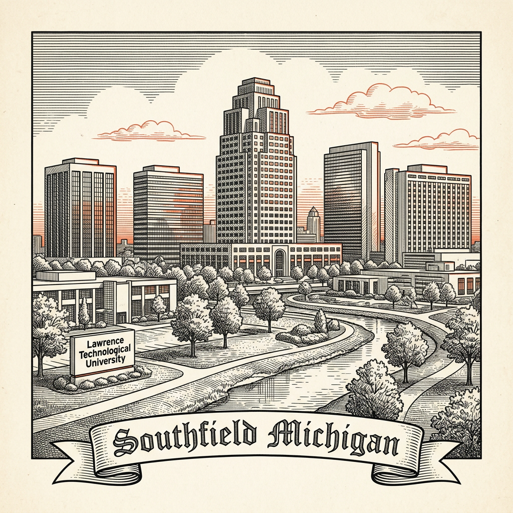 Engraved Southfield MI city illustration – Official Translations certified translation services from $29.95 per page