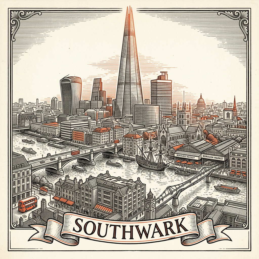 Engraved Southwark England city illustration – The Shard, Borough Market, Tate Modern, Tower Bridge south side, Shakespeare's Globe theatre – Official Translations certified translation services from £29.95 per page