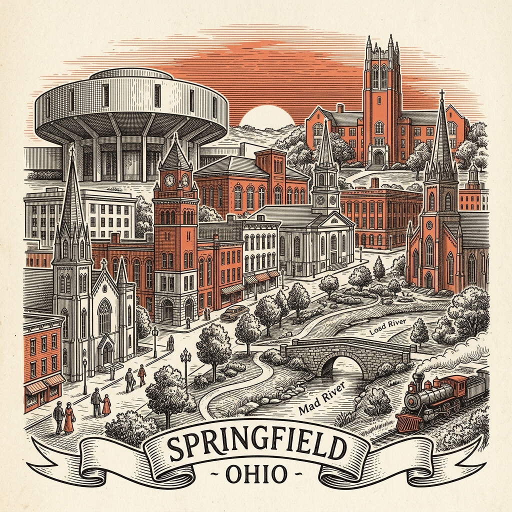 Engraved Springfield OH city illustration – Official Translations certified translation services from $29.95 per page