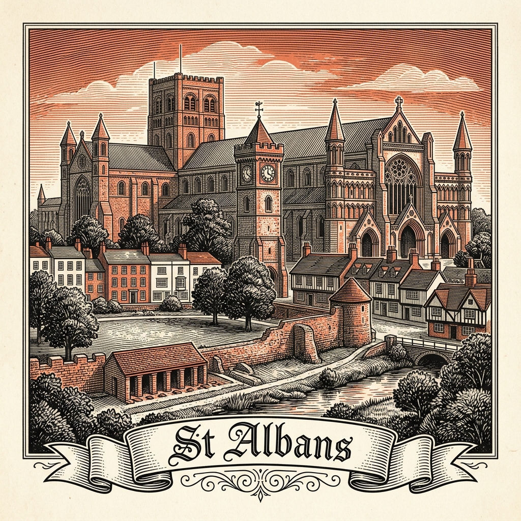 Engraved St Albans England city illustration – St Albans Cathedral, Roman Verulamium ruins, Clock Tower, Ye Olde Fighting Cocks pub, Verulamium Park lake – Official Translations certified translation services from £29.95 per page