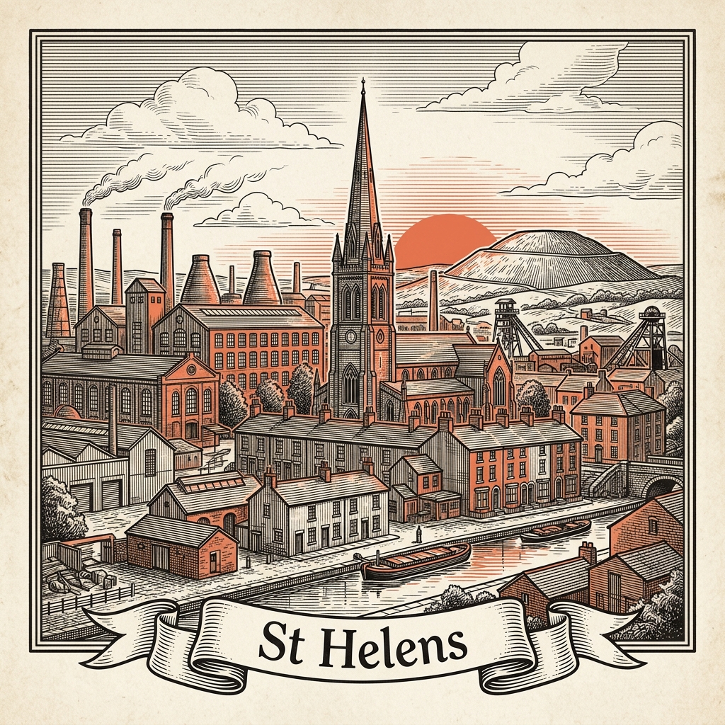 Engraved St Helens England city illustration – Dream sculpture, World of Glass Museum, St Helens Town Hall, Totally Wicked Stadium, Pilkington Glass works – Official Translations certified translation services from £29.95 per page