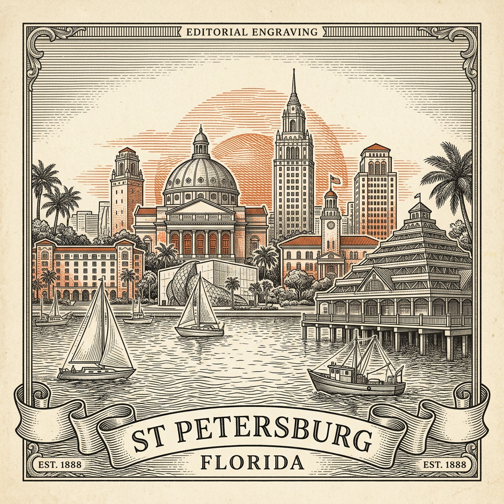 Engraved St. Petersburg FL city illustration – Official Translations certified translation services from $29.95 per page