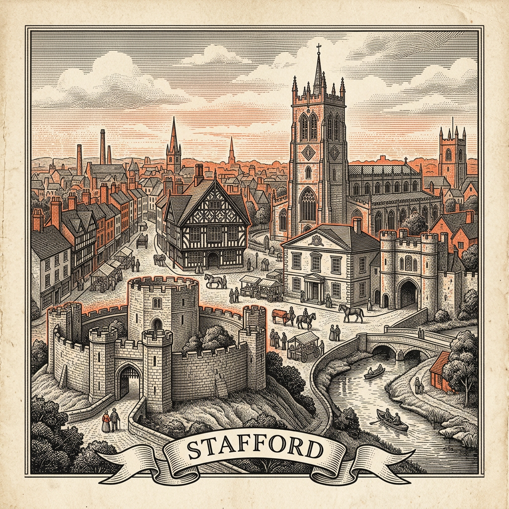 Engraved Stafford England city illustration – Stafford Castle motte ruins, Ancient High House, Shire Hall Gallery, Victoria Park bandstand, Izaak Walton statue – Official Translations certified translation services from £29.95 per page