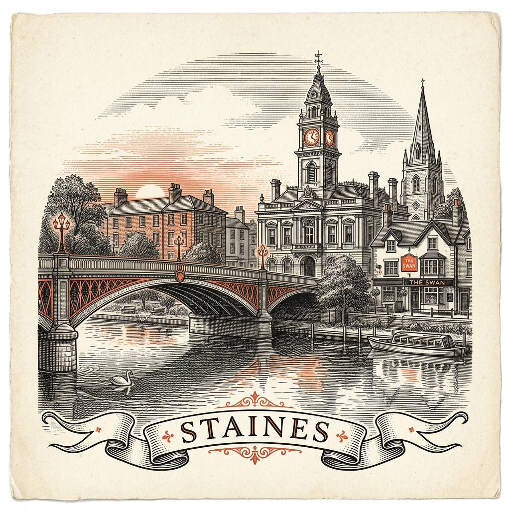 Engraved Staines England city illustration – Staines Bridge over the Thames, London Stone (Magna Carta marker), Two Rivers shopping centre, St Mary's Church Staines, Thames riverside – Official Translations certified translation services from £29.95 per page