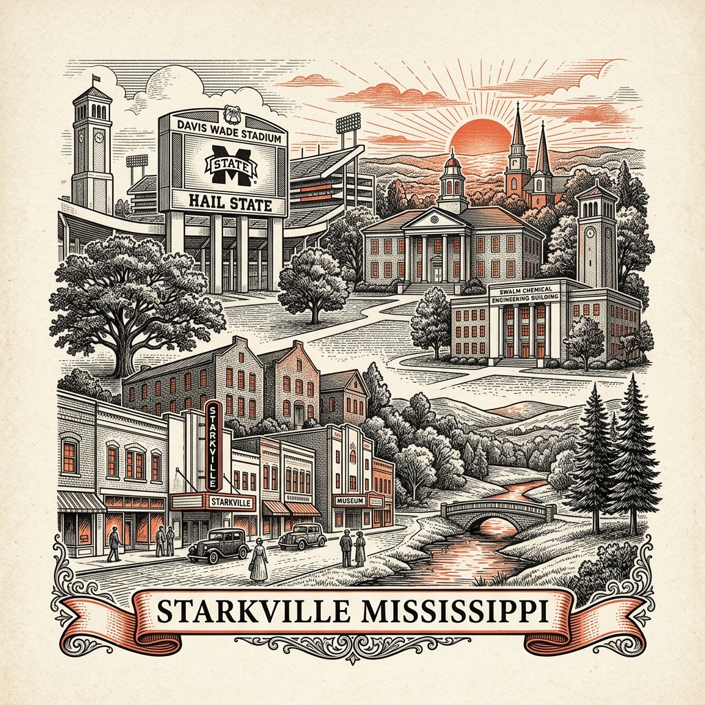 Engraved Starkville MS city illustration – Official Translations certified translation services from $29.95 per page