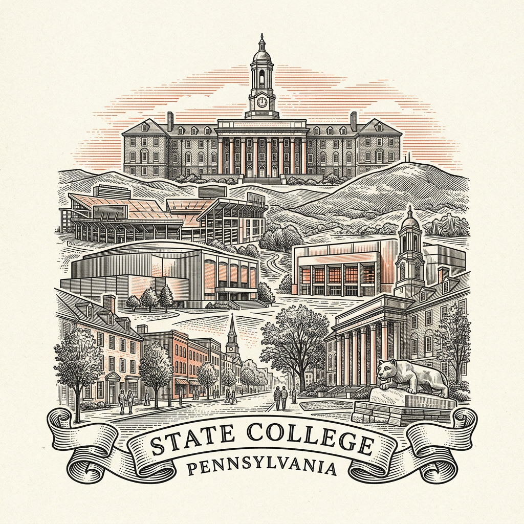 Engraved State College PA city illustration – Official Translations certified translation services from $29.95 per page
