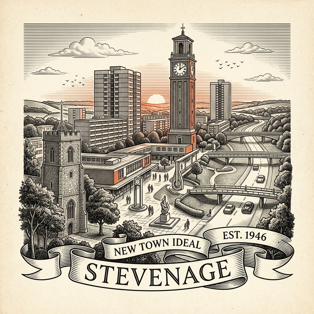 Engraved Stevenage England city illustration – Stevenage Clock Tower and town square, St Nicholas Church, Fairlands Valley Park lakes, Knebworth House nearby, Stevenage Arts and Leisure Centre – Official Translations certified translation services from £29.95 per page
