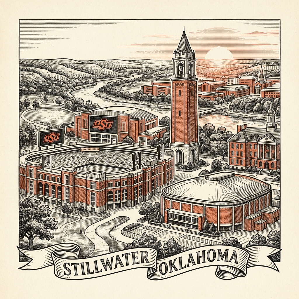 Engraved Stillwater OK city illustration – Official Translations certified translation services from $29.95 per page