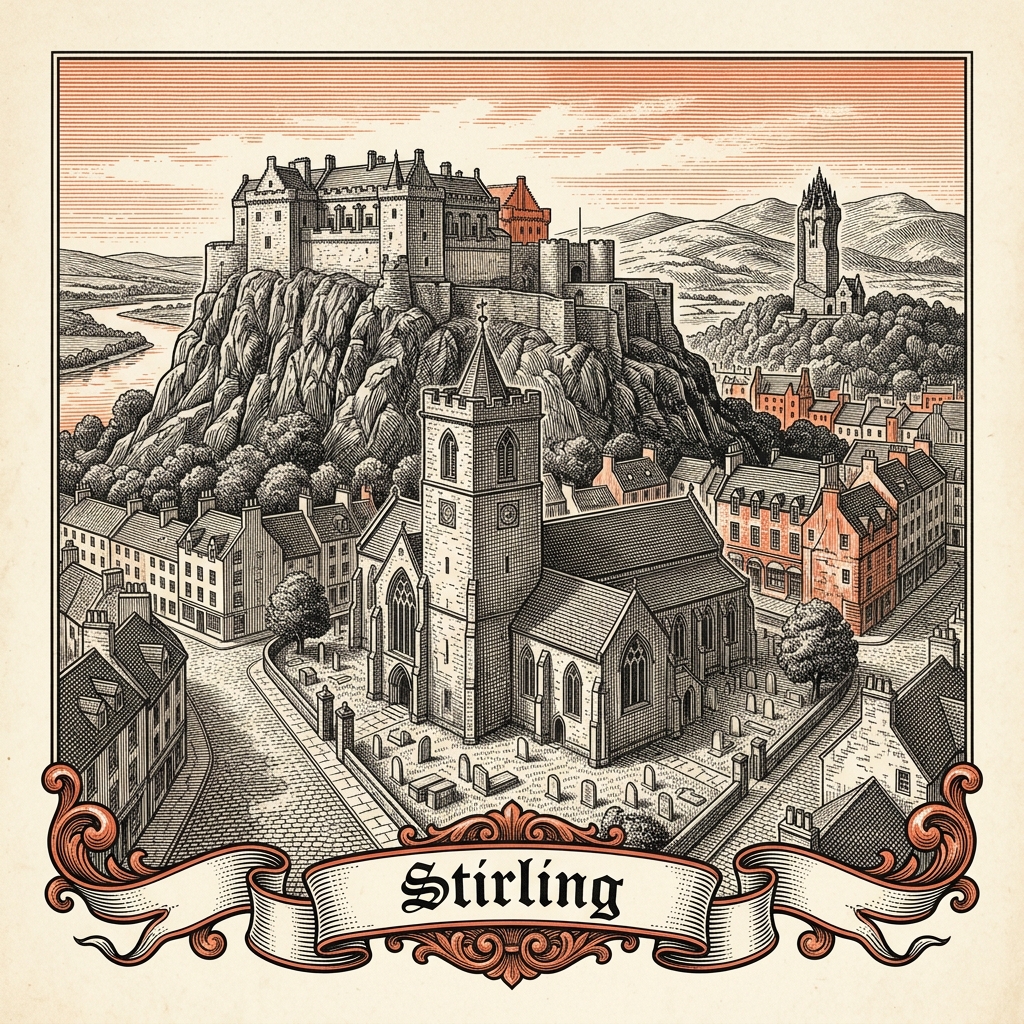 Engraved Stirling Scotland city illustration – Stirling Castle, Wallace Monument, Old Stirling Bridge, Church of the Holy Rude, Bannockburn battlefield – Official Translations certified translation services from £29.95 per page