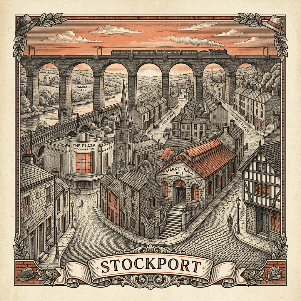 Engraved Stockport England city illustration – Stockport Viaduct, Stockport Town Hall, Robinsons Brewery, Hat Works Museum chimney, Merseyway shopping centre – Official Translations certified translation services from £29.95 per page