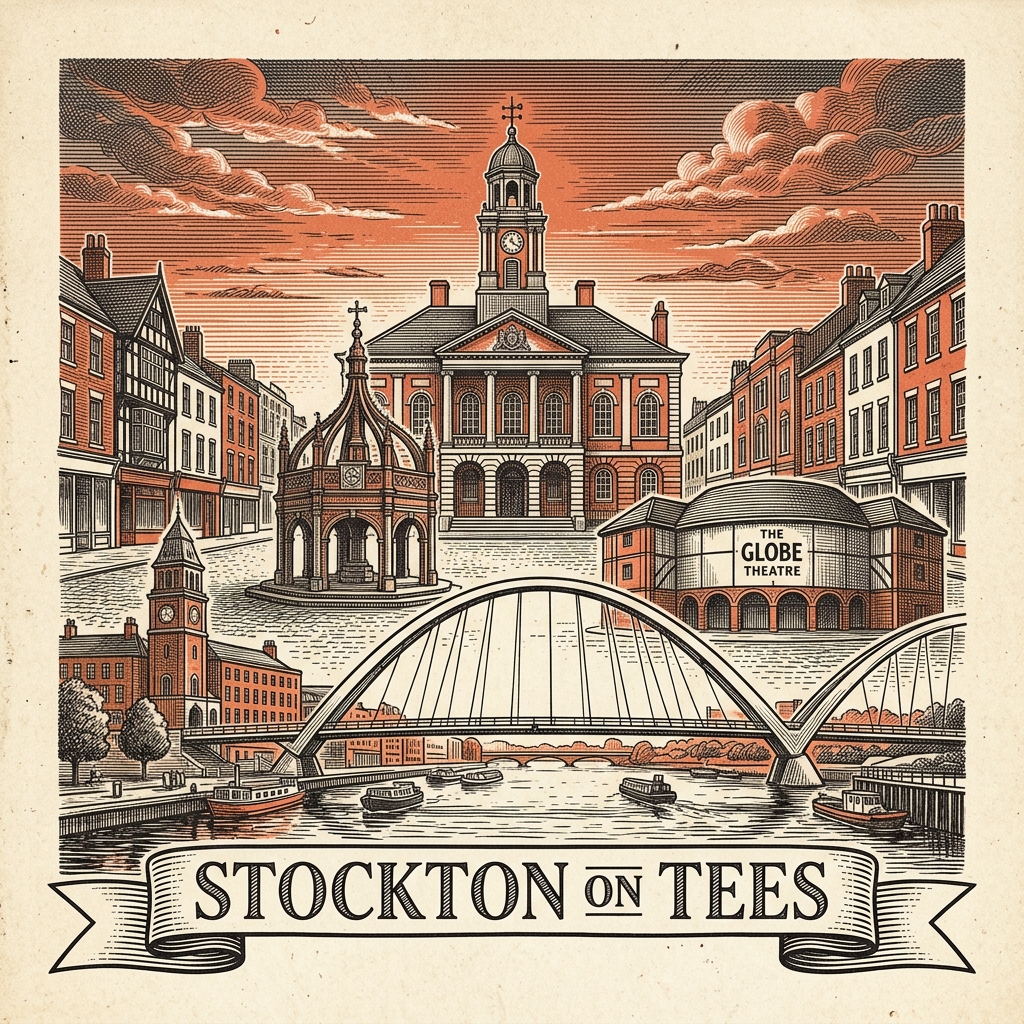 Engraved Stockton-on-Tees England city illustration – Infinity Bridge, Tees Barrage, Preston Park Museum, Stockton Parish Church St Thomas, Stockton High Street widest in England – Official Translations certified translation services from £29.95 per page