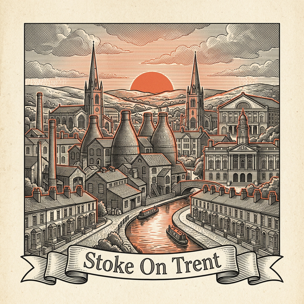 Engraved Stoke-on-Trent England city illustration – Wedgwood Museum and factory, Gladstone Pottery Museum bottle kilns, Trentham Gardens and Italian Garden, bet365 Stadium, Etruria Industrial Museum steam mill – Official Translations certified translation services from £29.95 per page