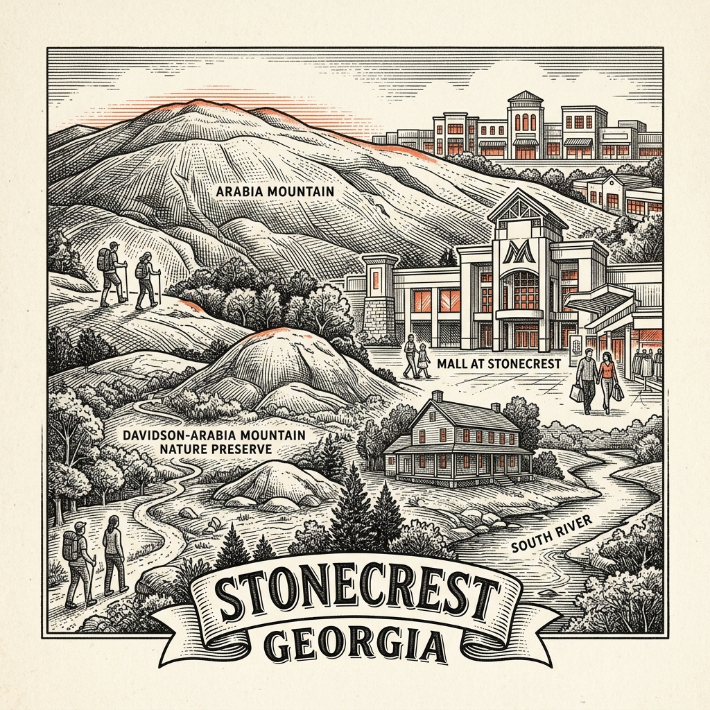Engraved Stonecrest GA city illustration – Official Translations certified translation services from $29.95 per page