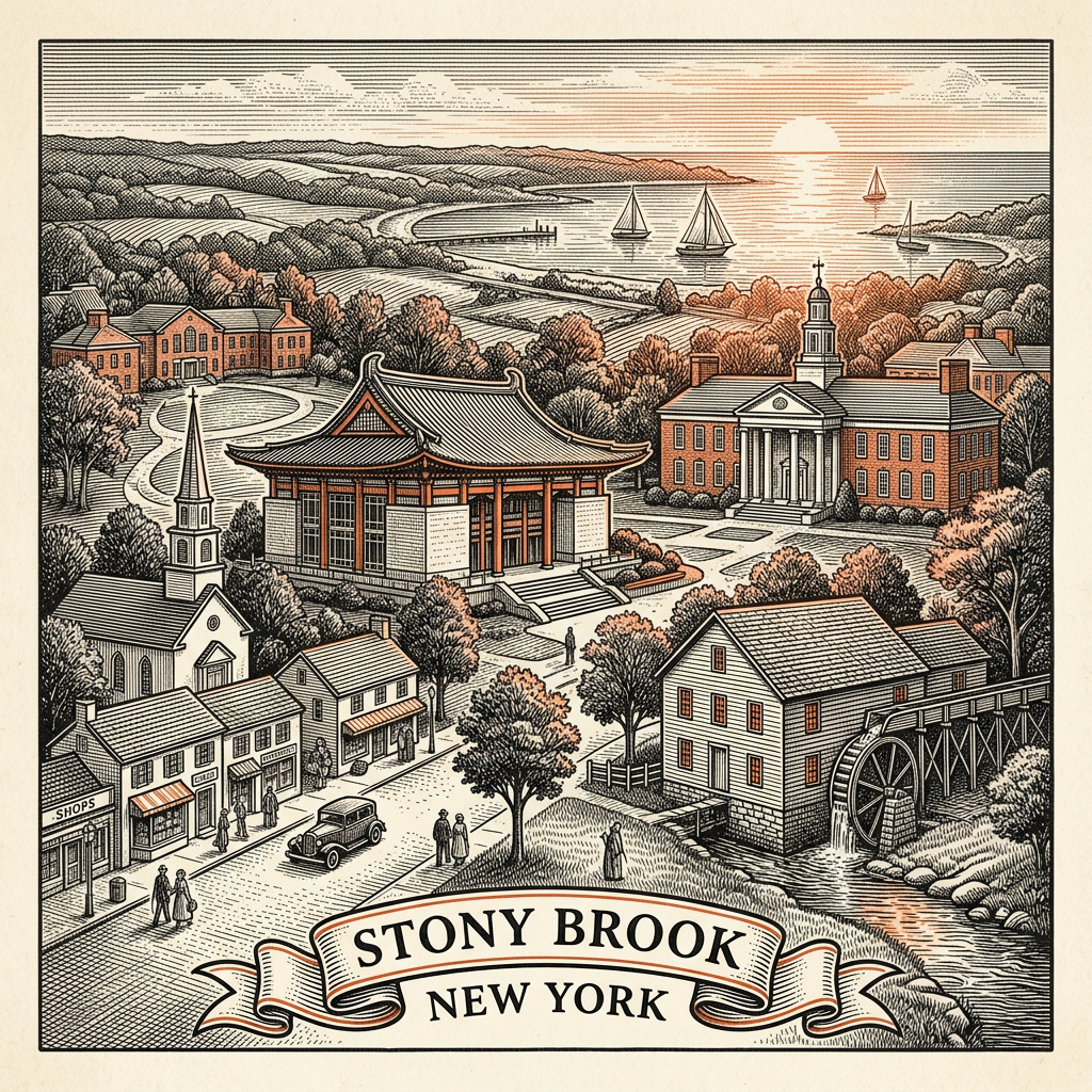 Engraved Stony Brook NY city illustration – Official Translations certified translation services from $29.95 per page
