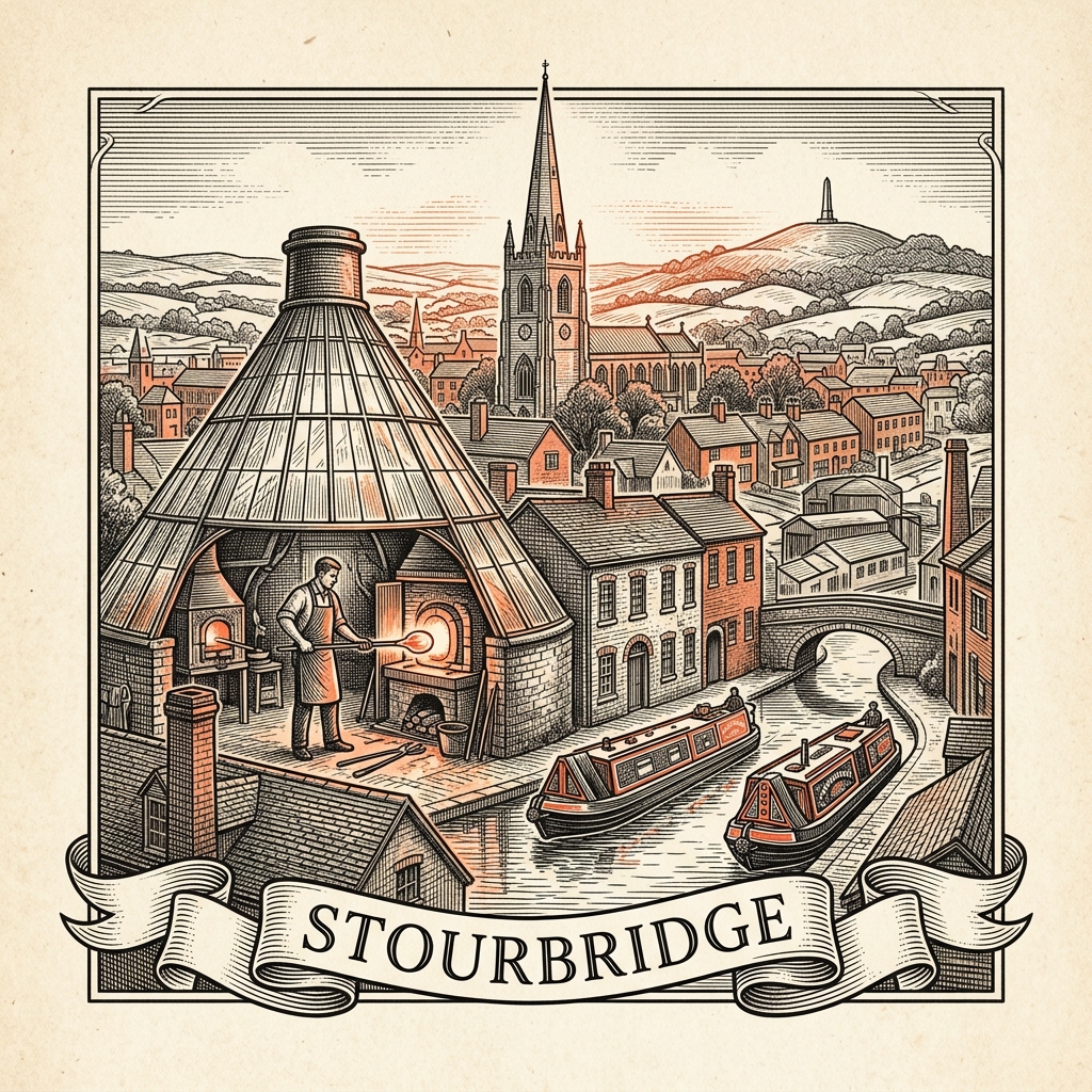 Engraved Stourbridge England city illustration – Red House Glass Cone, Mary Stevens Park bandstand, St Thomas Church, Stourbridge Town railway terminus, Ruskin Glass Centre – Official Translations certified translation services from £29.95 per page